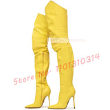Yellow Croc Pattern Long Boots Women Sexy Trend High Heels Over Knee Shoes Summer Leather Splicing Luxury Pointy Fashion Boots