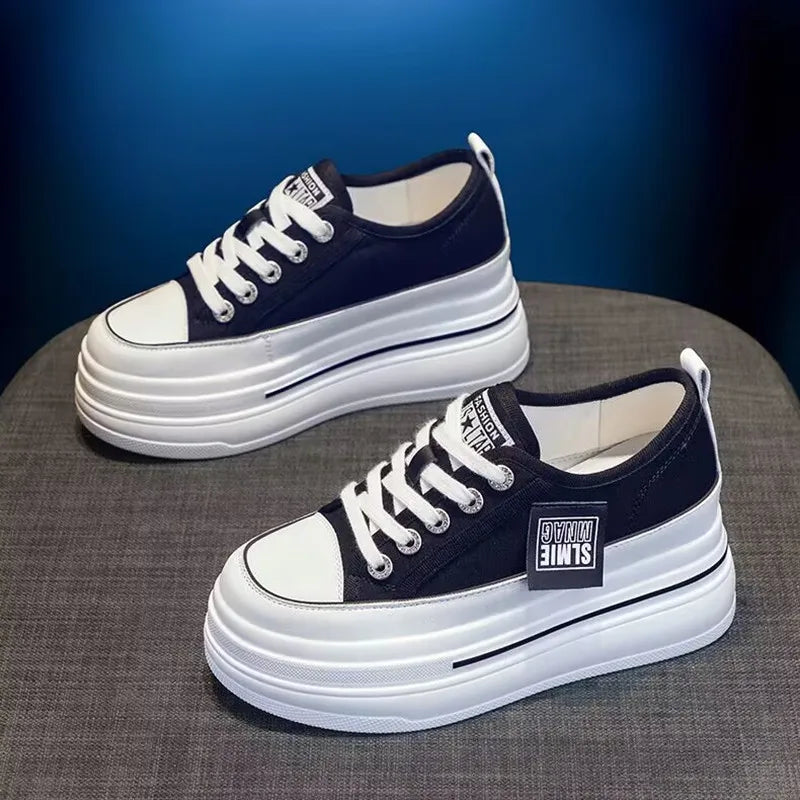 2025 New Woman Platform Sneakers Wedge Shoes Female 8cm Height Increasing Ladies Breathable Cloth Casual Shoes Canvas Shoes