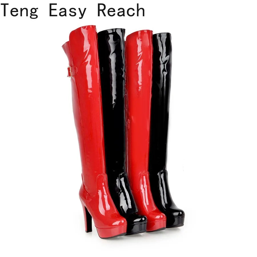 Sexy Over The Knee Boots Women Platform Fashion High Heels Thigh High Boots Patent Leather Women's Winter High Boots Shoes Red