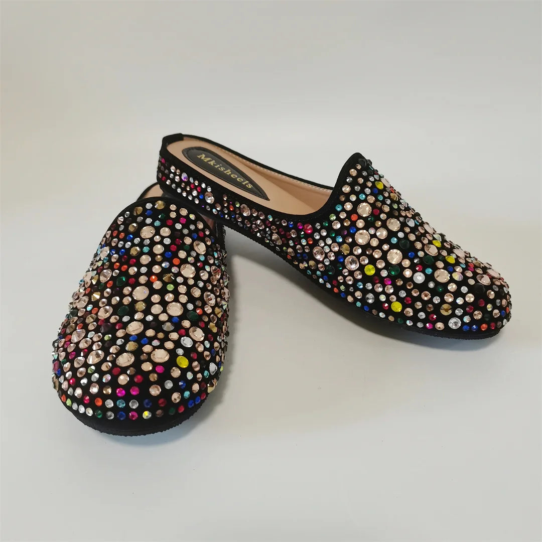 Hot Sale Multicolor Flat Heel Sequin Women's Slippers Casual Banquet Fashion Party Italian Mules Slipper Rhinestone Shoe F1013-2