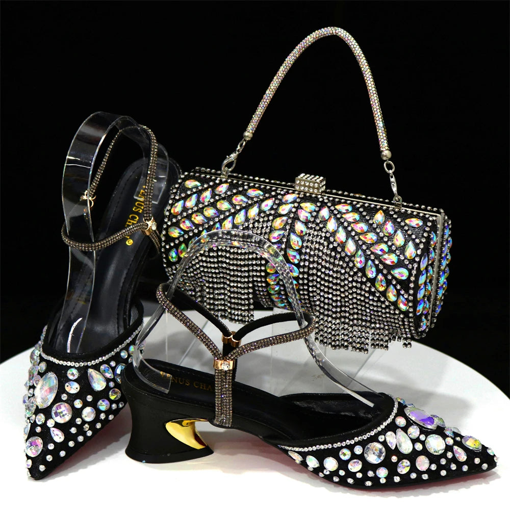 Fashion Gold Color  Slippers Nigerian Party Italian Design Ladies Shoes and Bag Set Decorated With Rhinestone and Metal