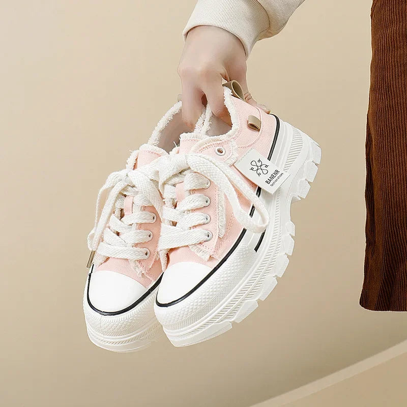 2023 Autumn New Women's Canva Shoes Thick Soles Round Head Fringed Denim Casual Shoes Increased Height Sports 606