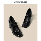 2023Mary Jane Shoes Women Retro British Style Hepburn Black High Heel One Word Buckle Thick Heel Square Head Single Shoes Women
