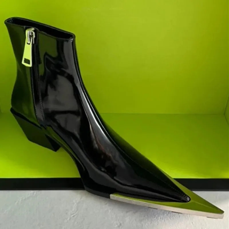 Side Zipper Chelsea Boots For Women Metal Pointed Toe Patent Leather Solid Color Mid Heel Female Shoes Designer Brand Ankle Boot