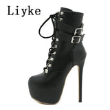 Liyke Autumn Winter Platform Boots For Women Sexy Round Toe Buckle Strap Pole Dance High Heels Pumps Fashion Lace-Up Runway Shoe