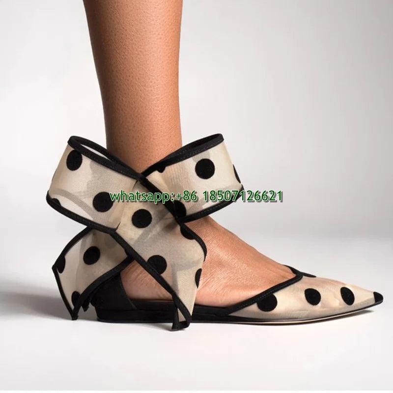 Bow Decorated Pointed Toe Mesh High Heels Polka Dot Plus Size Women's Slingback Pumps