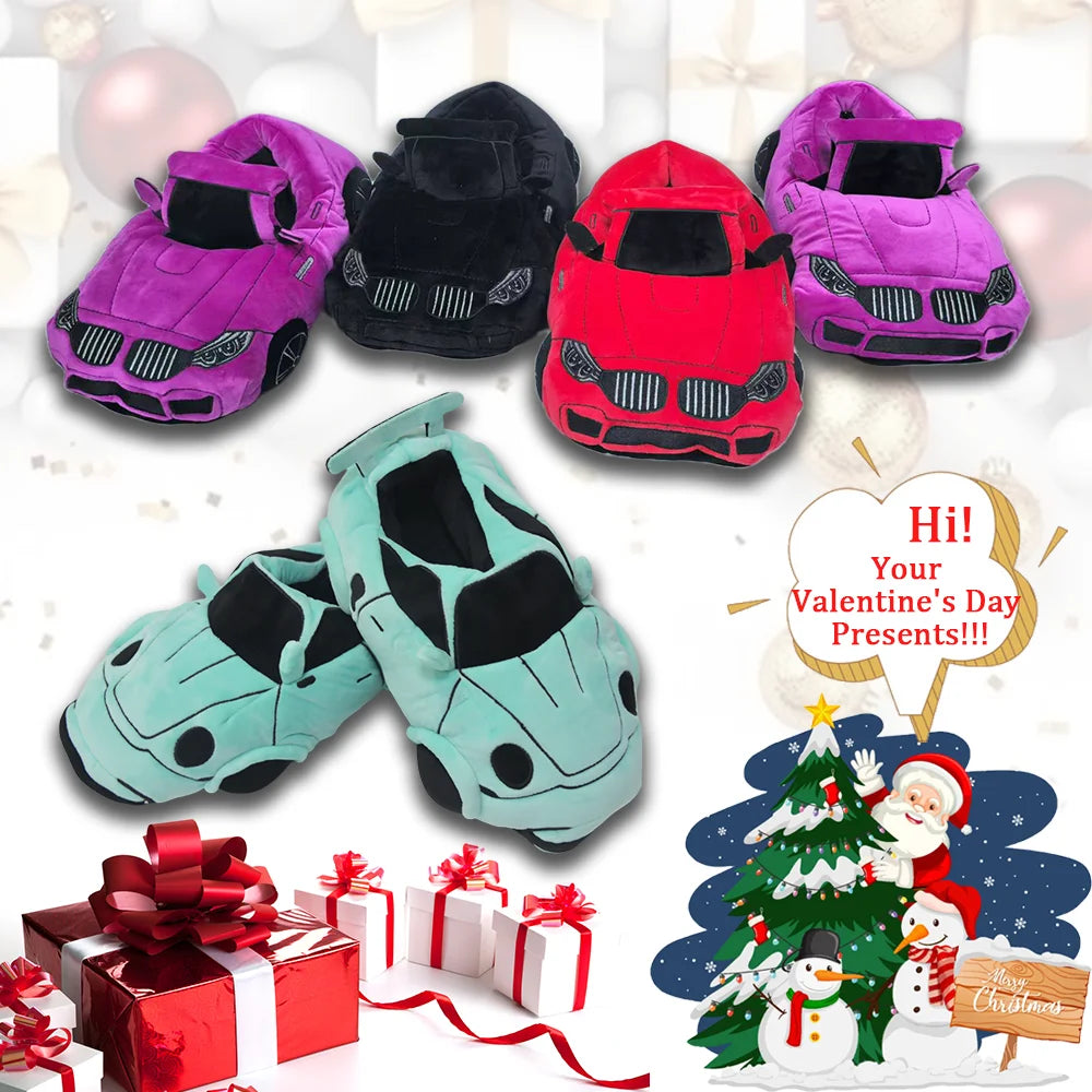 Highland Cow Car Shape Plush Shoes White CAR Racing Plush Slippers Winter Warm Soft Creative Indoor House Slipper Adults Shoe
