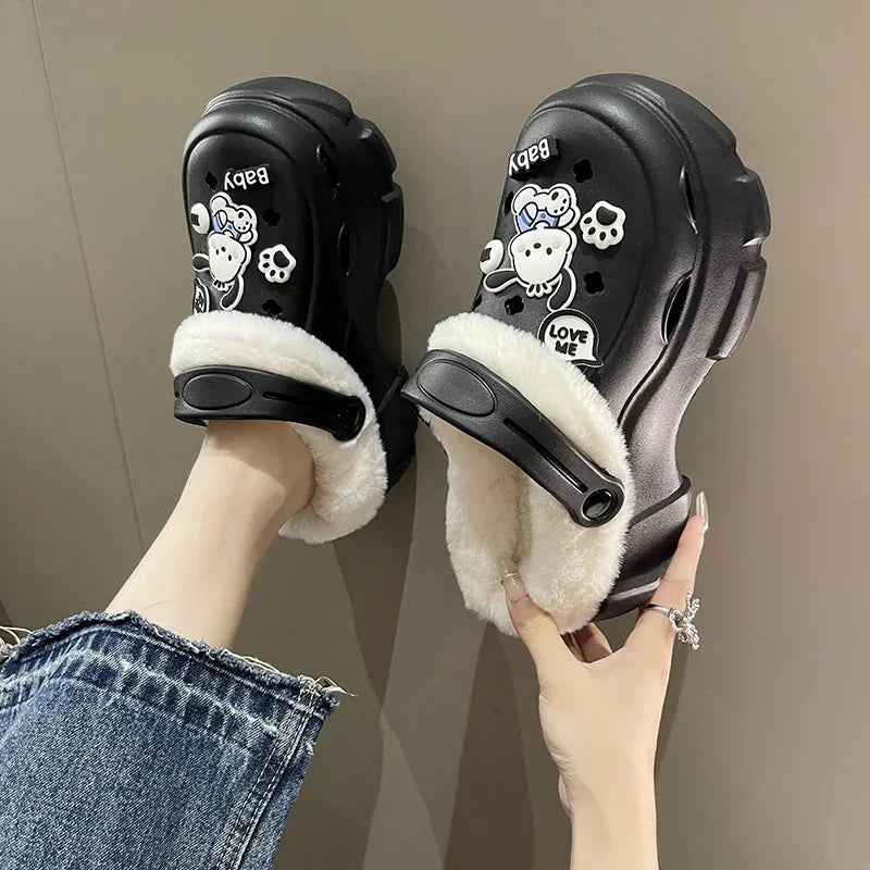 Winter Women's Closed Toe Plus Velvet Platform Slippers Keep Warm Increase Height Casual Clogs Shoes for Women Home Cotton Shoes