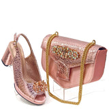 Venus Chan Gold Color Nigeria Fashion Rhinestone-encrusted Ladies Party Shoes And Special Bag High Heels Wedding Handbag
