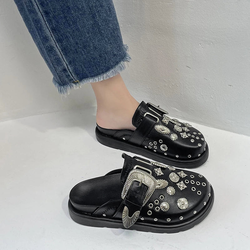 New Women Black Slippers Platform Rivets Punk Rock Leather Mules Creative Metal Fittings Casual Party Shoe Female Outdoor Slides