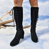 Fashion Woman Boots Women Lace-up Chelsea Boats Winter Short Knee-high Booties Round Toe Thick Heels Botine Mujer Black Shoes 43
