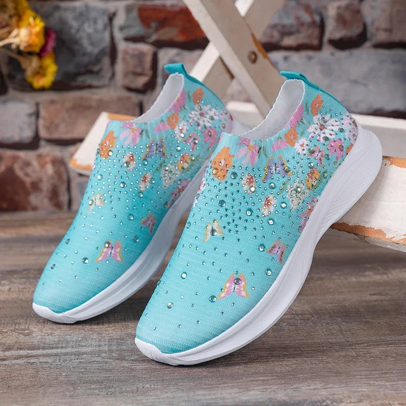 Women Print Breathable Jogging Sneakers Shining Crystal Walking Socks Shoes Woman Slip-On Soft Bottom Light Trainers Female