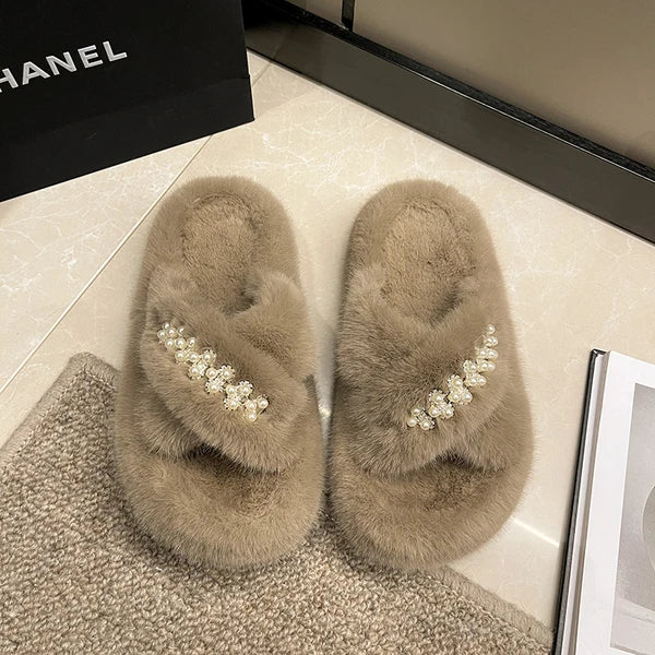 Med Shoes Womens Slippers Outdoor Slides Pantofle Flock Platform Fur Flip Flops 2024 Flat Plush Autumn Fabric Rome Shoes House S