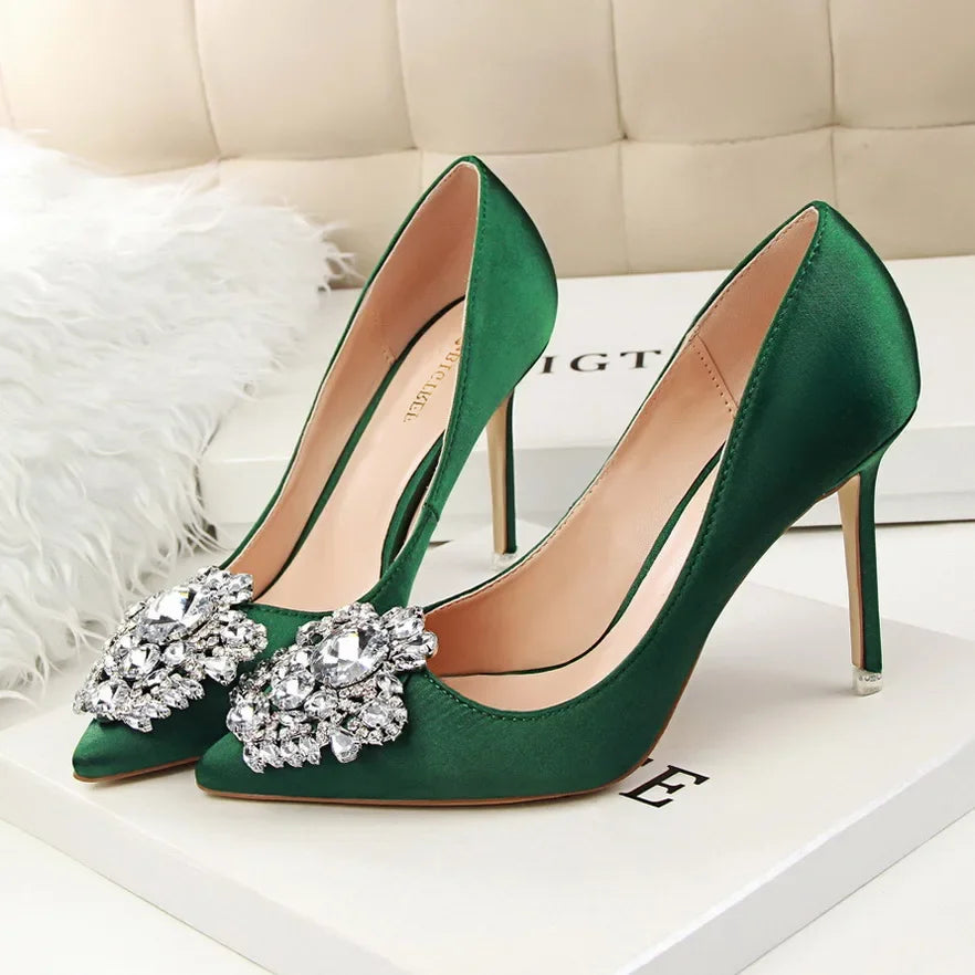 Women 10cm High Heels Sexy Rhinestone Green Pink Gray Pointed Toe Pumps Lady Silk Satin Escarpins Elegant Wedding Evening Shoes