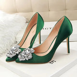 Women 10cm High Heels Sexy Rhinestone Green Pink Gray Pointed Toe Pumps Lady Silk Satin Escarpins Elegant Wedding Evening Shoes