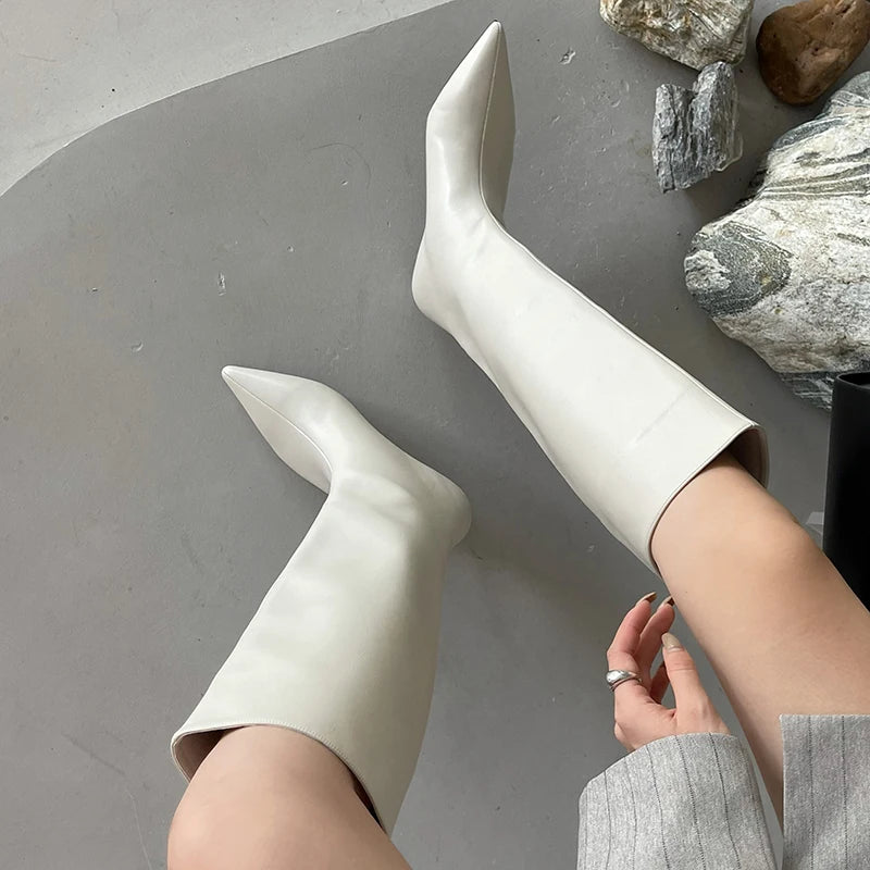 2025 New Fashion Low Heel Ladies Modern Western Boots Autumn Spring Pointed Toe Long Women Knee High Boots Female Pumps Shoes