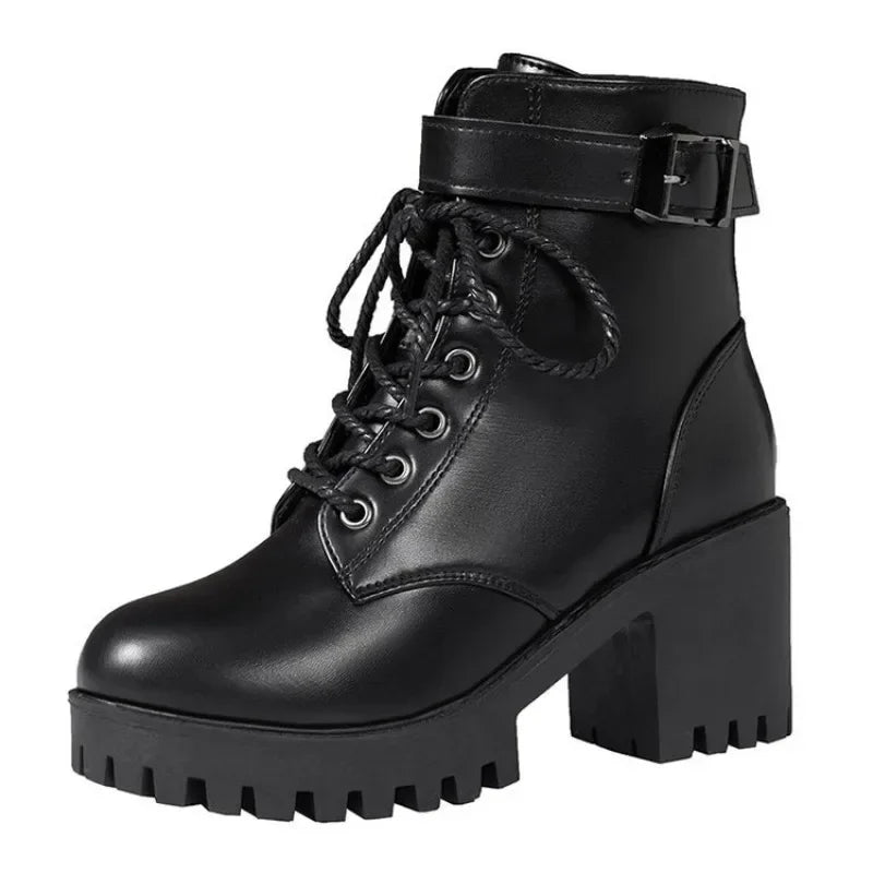 Women's Boots 2024 New Lace Up Boots for Women Fashion Knight Boots Women Round Head Chunky Heel Female