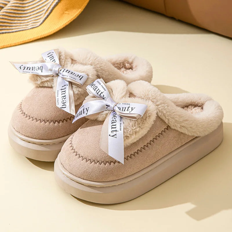 Winter Faux Suede Cotton Slippers for Women's Winter Home Rabbit Bow Cotton Slippers for Warmth New Thick Soled Princess Style