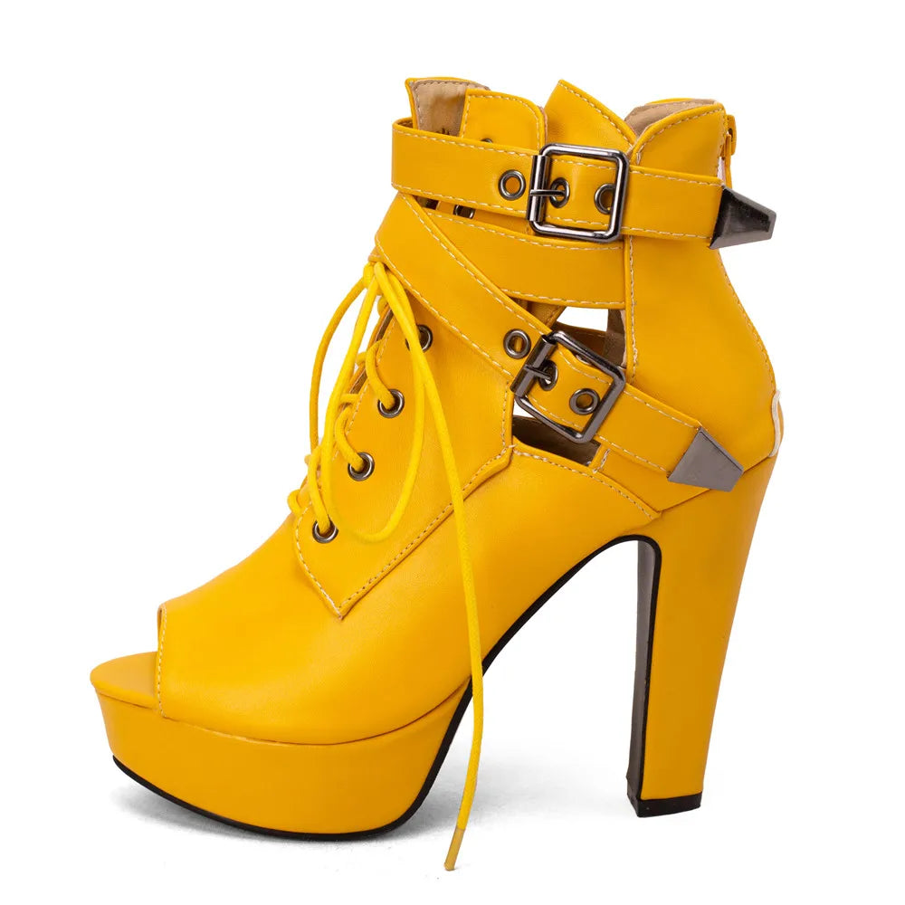 Red Yellow White Women Peep Toe Ankle Boots Platform Lace Up High Heels Female Buckle Autumn Winter Sexy Men Shoes Large Size