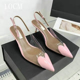2025 New Pointy Peach Heart Fine Heel Shoes Sexy Pvc Transparent Film Black Patent Leather High Heel Overhead Sandals