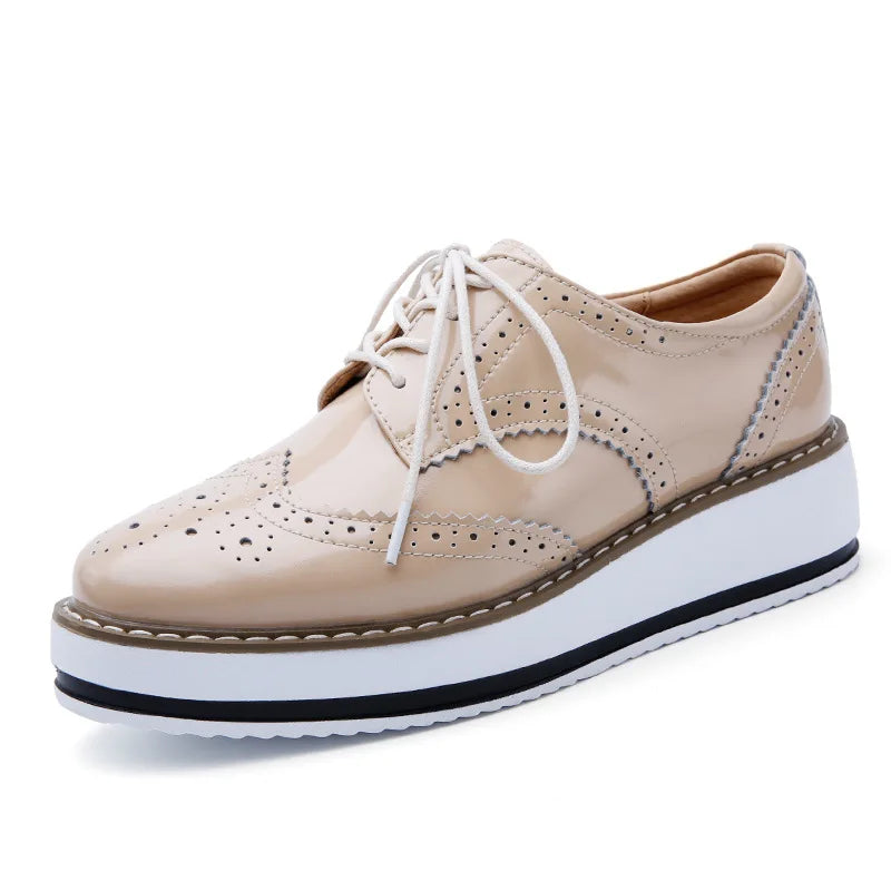 Spring Autumn Women Derby Platform Gold Flats Brogue Leather Lace Up Classic Bullock Footwear Female Oxford Shoes Lady