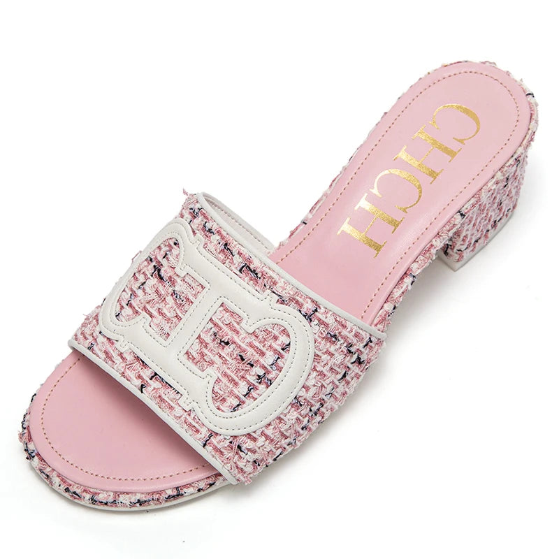 CH middle heel square heel slippers fabric fashion casual shoes luxury brand slippers girls street commuter slippers