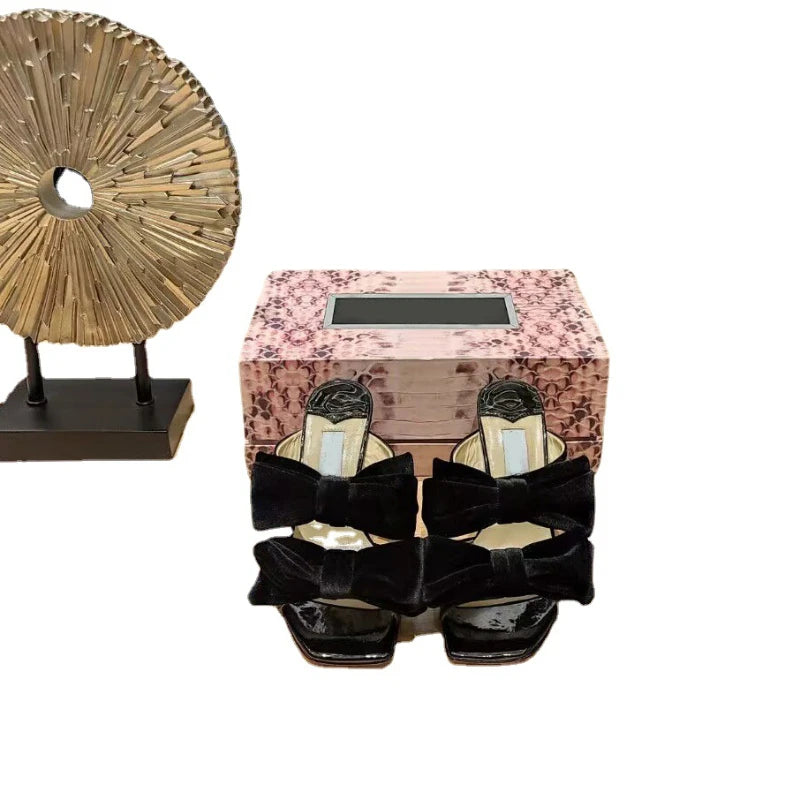 Velvet Bow High Heeled Sandals Women's Open Toe Pre-spring 2024 Fashion New Square Toe Temperament Stiletto Heels