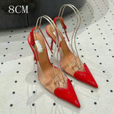 2025 New Pointy Peach Heart Fine Heel Shoes Sexy Pvc Transparent Film Black Patent Leather High Heel Overhead Sandals