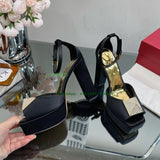 New Square Toe Satin Rivets Chunky Heel Sandals Thick Bottom Peep Toe Patent Leather High Heels For Women