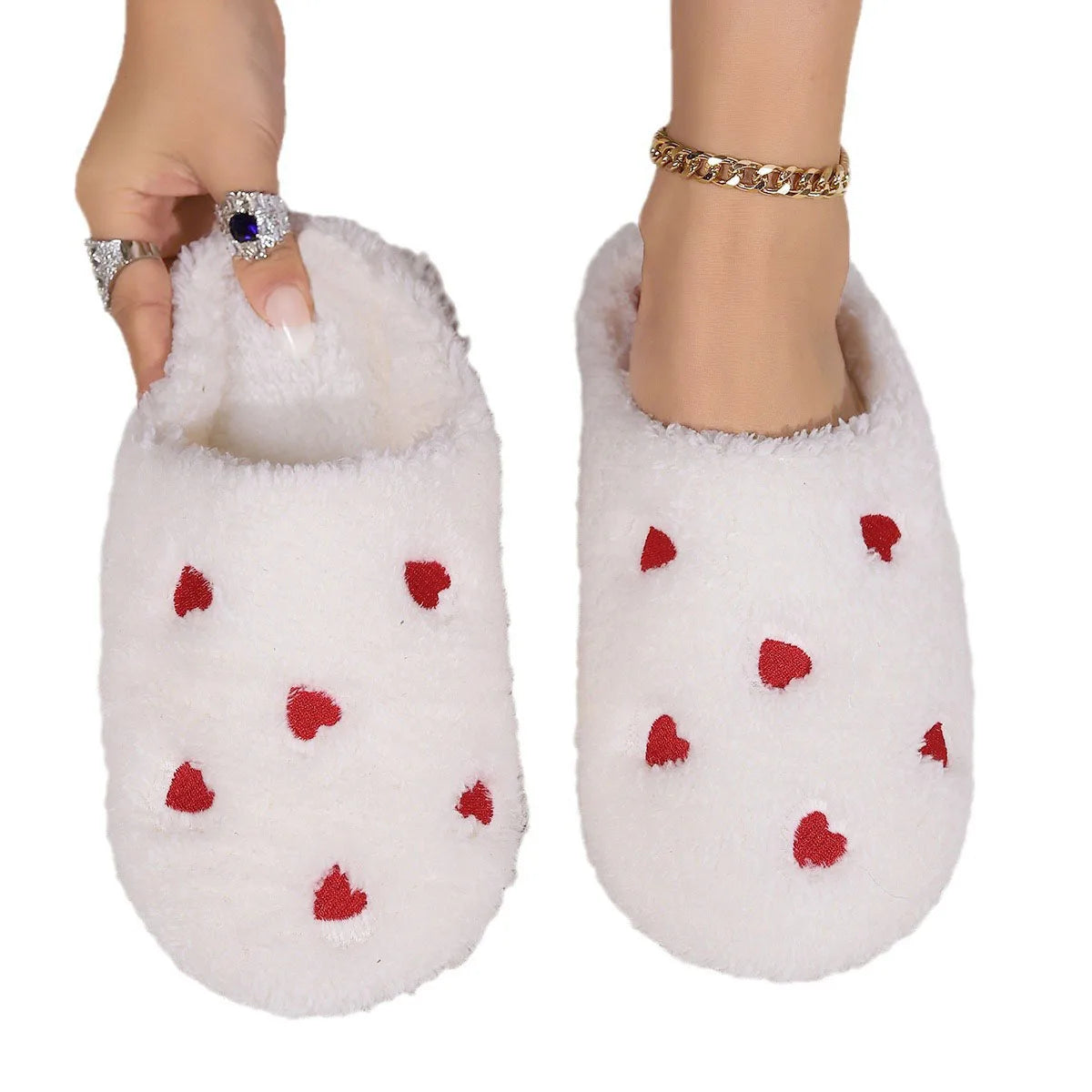 Women House Carpet Slippers Winter Cozy Fuzzy Soft Soles Shoes Love-Heart Indoor Silent Lightweight Living Room Cotton Sandals