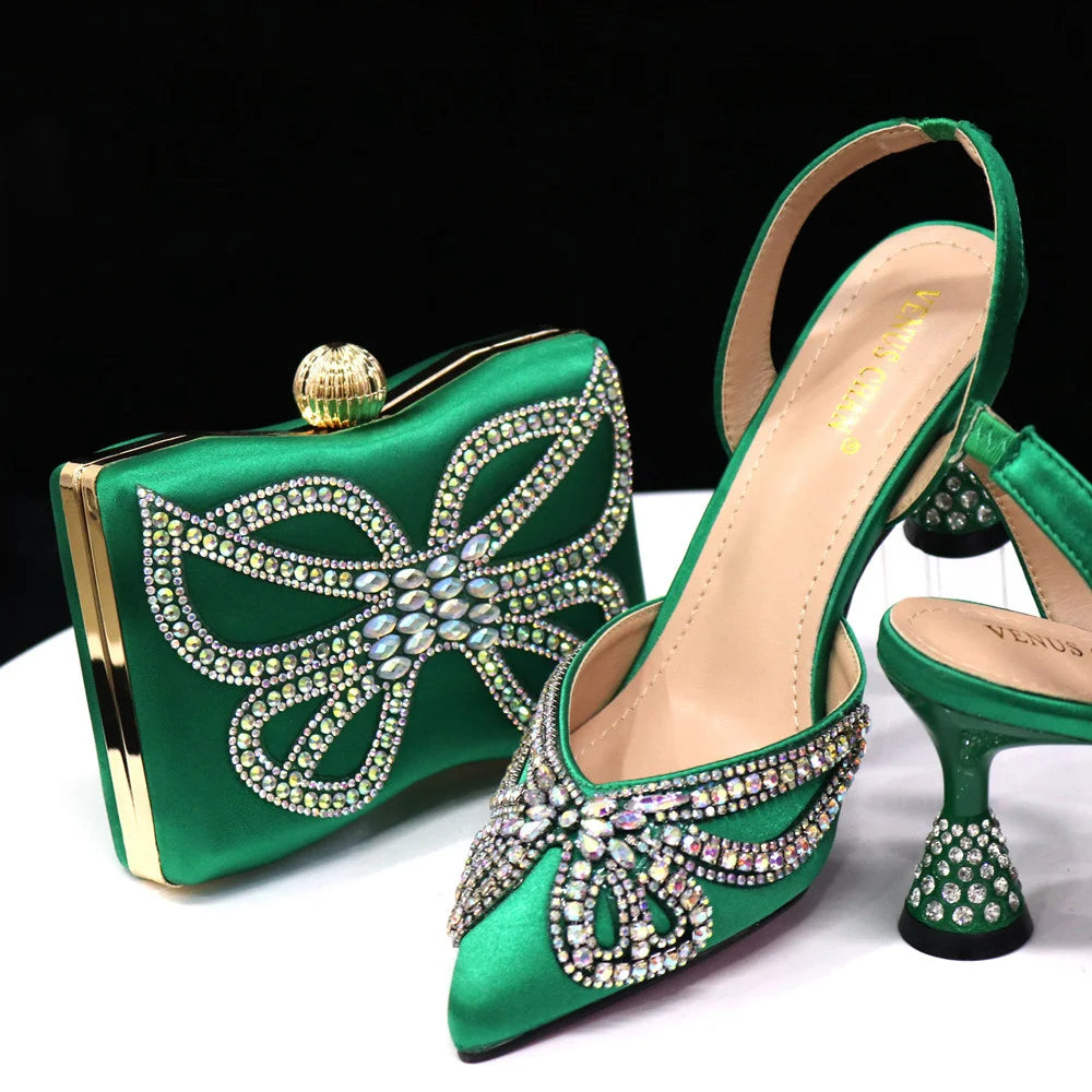 Venus Chan New Elegant Green Bling Bow Pointed Toe Pumps for Women 2024 Party italian Rhinestones shoes and bags matching set