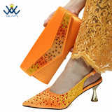 Coffee Color Fashion Italian Women Shoes and Bag Set High Quality New Full Shinning Crystal Slingbacks Pumps for Wedding