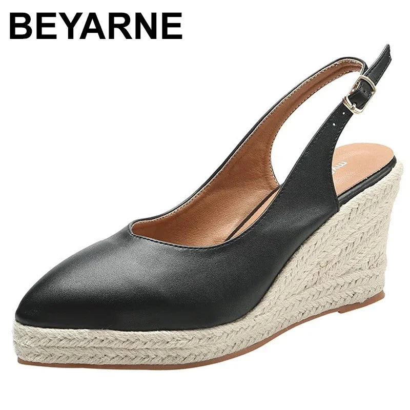 BEYARNE Princess Kate's Same Leather Wedge Single Shoes Women's Shallow Mouth Espadrilles Spring and Autumn New Sandals HighHeel