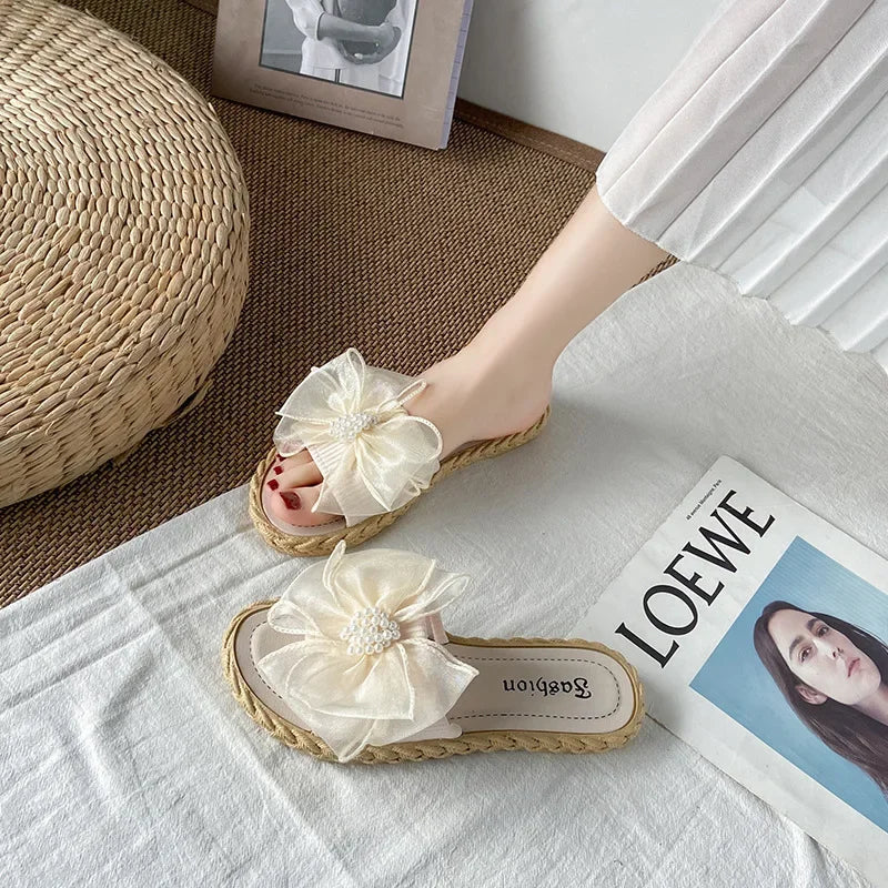 Women Summer Slippers Online Celebrity Slippers Ins New Joker Korean Fairy Wind Mesh Bow Word Drag Breathable Wear-resistant