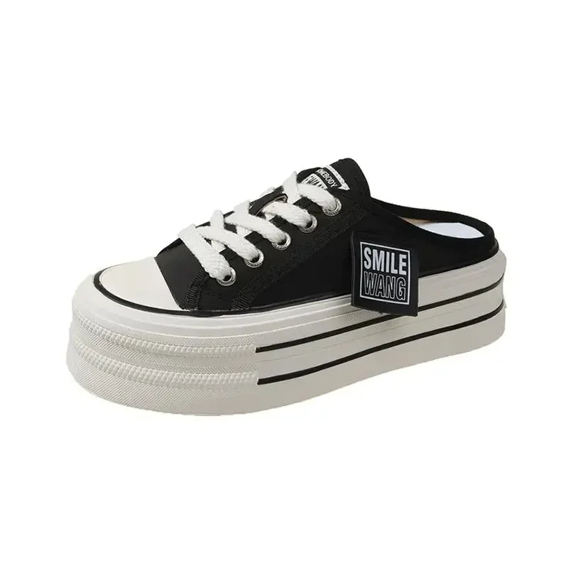 Height Increasing Platform Slippers Women Summer Outer Wear New Heel Free White Slides Canvas Shoes Slipper Slip on Sandals 5cm