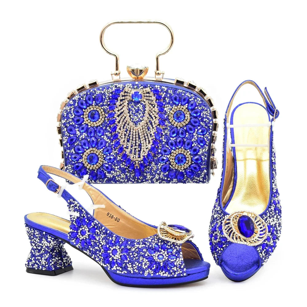 Italian Shoes and Bags Matching Set with Rhinestone Nigerian Women Shoes and Bag Set with Appliques Full Crystal for Dress
