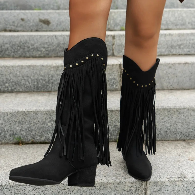 New Women's Vintage Fringe Boots Knee-High Low Chunky Heel Pointed Toe Winter Boots Female Western Cowboy Booties