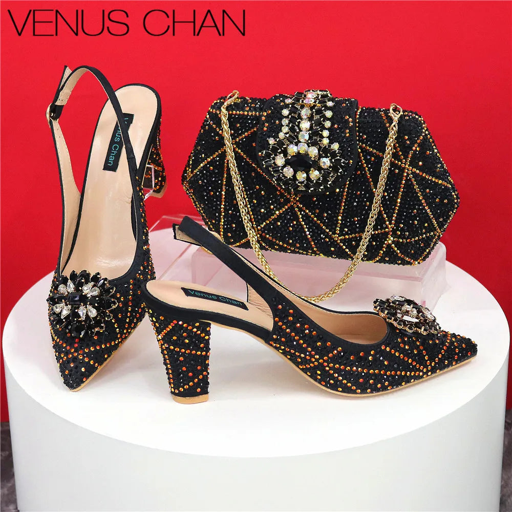 High Quality Designer Shoes and Bags Matching Set Decorate with Rhinestone Women Shoes High Heel Luxury Shoes Women Designer