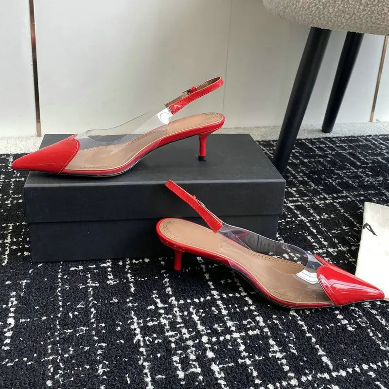 2025 New Pointy Peach Heart Fine Heel Shoes Sexy Pvc Transparent Film Black Patent Leather High Heel Overhead Sandals