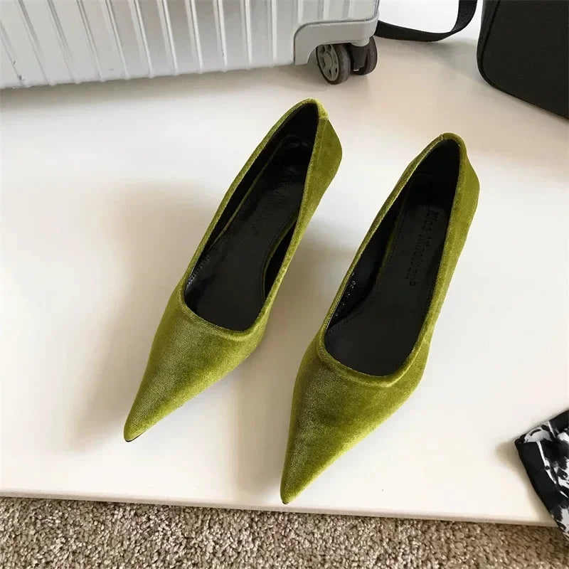 Women Low Heel Pointed Toe Pumps Velvet Slip-on Cozy Ladies Heeled Shoe Stiletto 5cm Wine Red 2024 Summer High Heels Shoes new