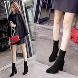 Comemore Ankle Chunky High Heel Black Sock Boots Women Autumn Fashion Pointed Frosted Suede Short Boot Female Sexy Warm Boots 34