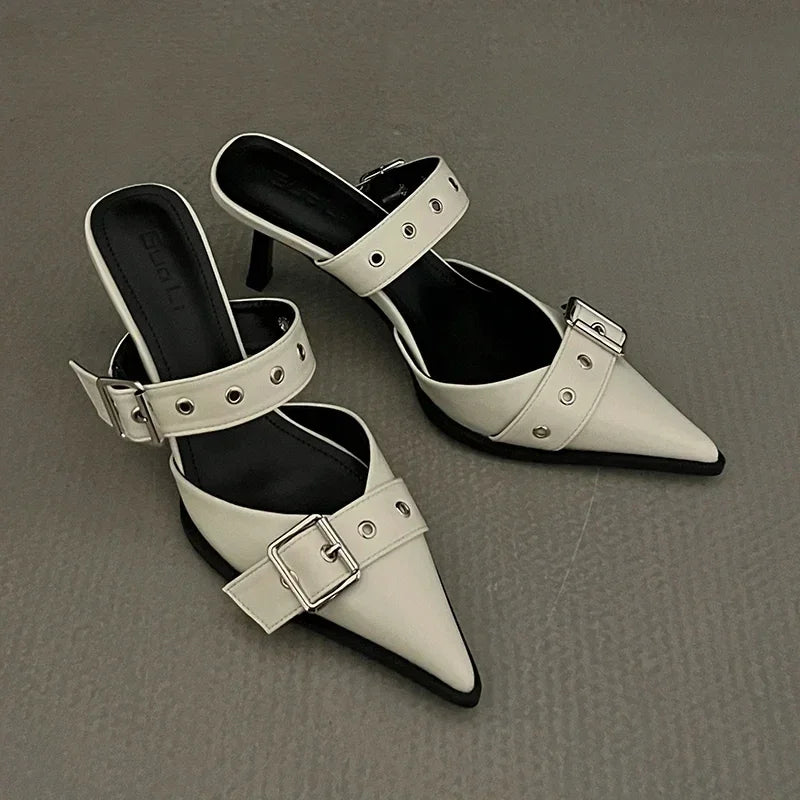 Punk Goth Metal Buckle High Heels Women's Sandals Summer 2025 Pointed Toe Silver Party Shoes Fashion Womens Pumps Shoes Tacones