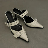 Punk Goth Metal Buckle High Heels Women's Sandals Summer 2025 Pointed Toe Silver Party Shoes Fashion Womens Pumps Shoes Tacones