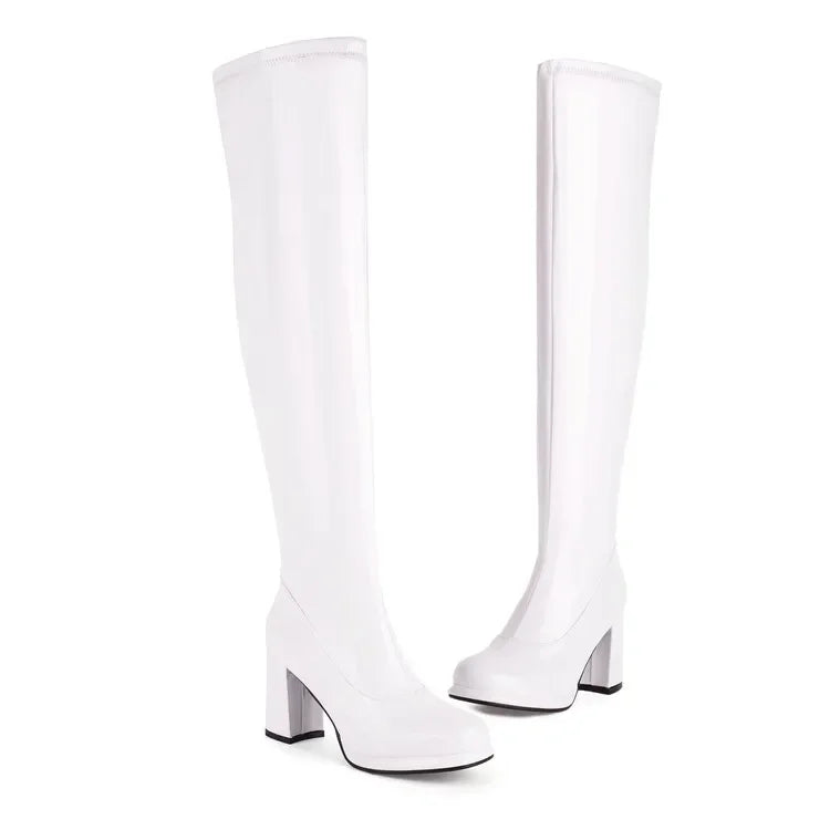 Ochanmeb Size 32-48 Women Golden Thigh High Boots Full Zipper Thick High-heeled Round Toe Silver Overknees Boots Red White Shoes