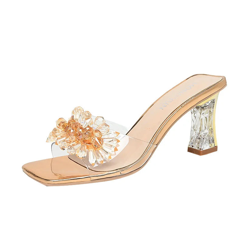 2023 Summer Square Head Open Toe Fashion Transparent Soft Flower Women's Slippers Crystal Heel New High Heel Sandals