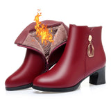 Soft Leather Women's Warm Wool Snow Boots High Heel Black  Beige  2024 New Winter Stylish Anti-slip Side Zipper Ankle Boots