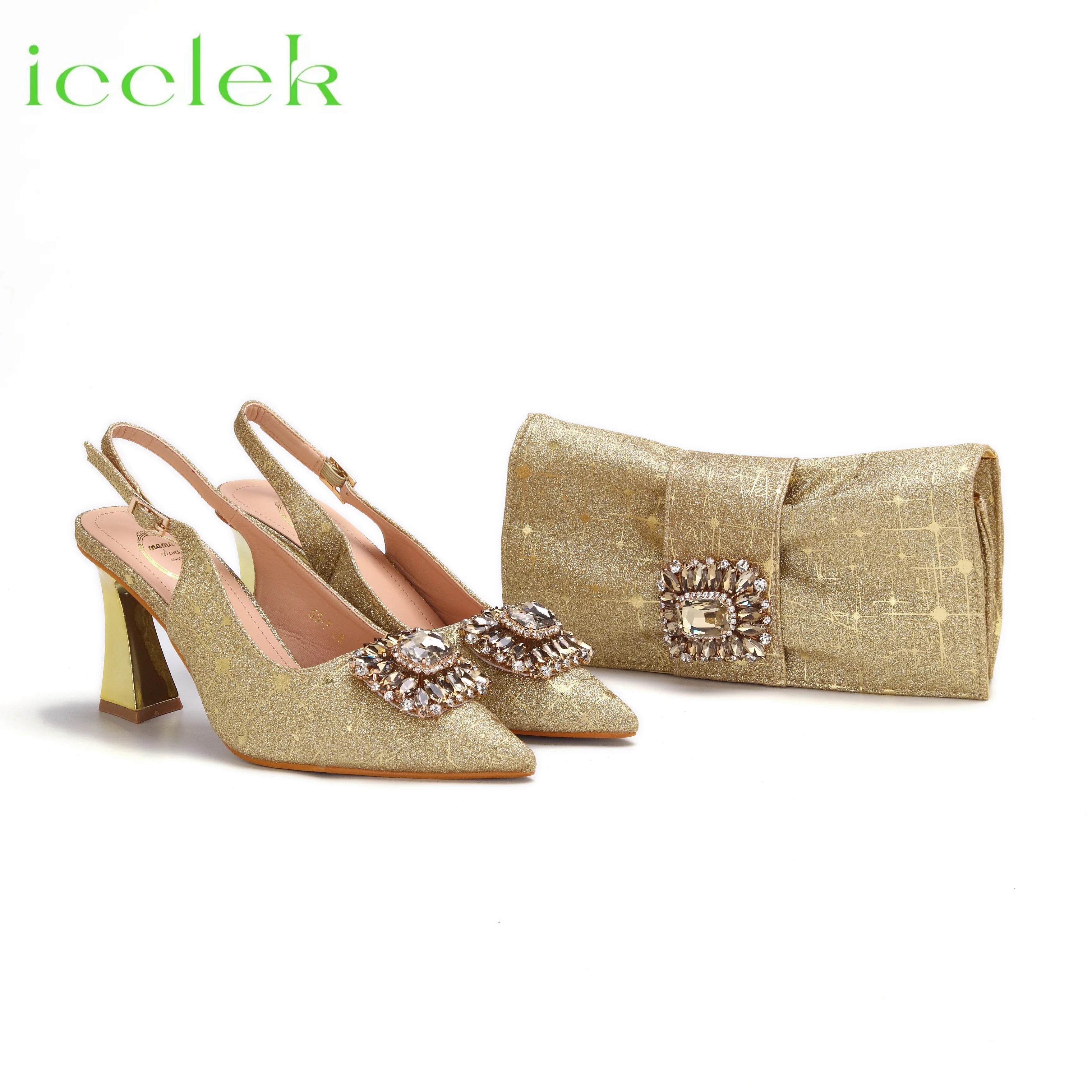 Women High Heels Sandals Shinning Material with Rhinestone Italian Design T.Blue Color Pointed Toe Shoes and Bags Set