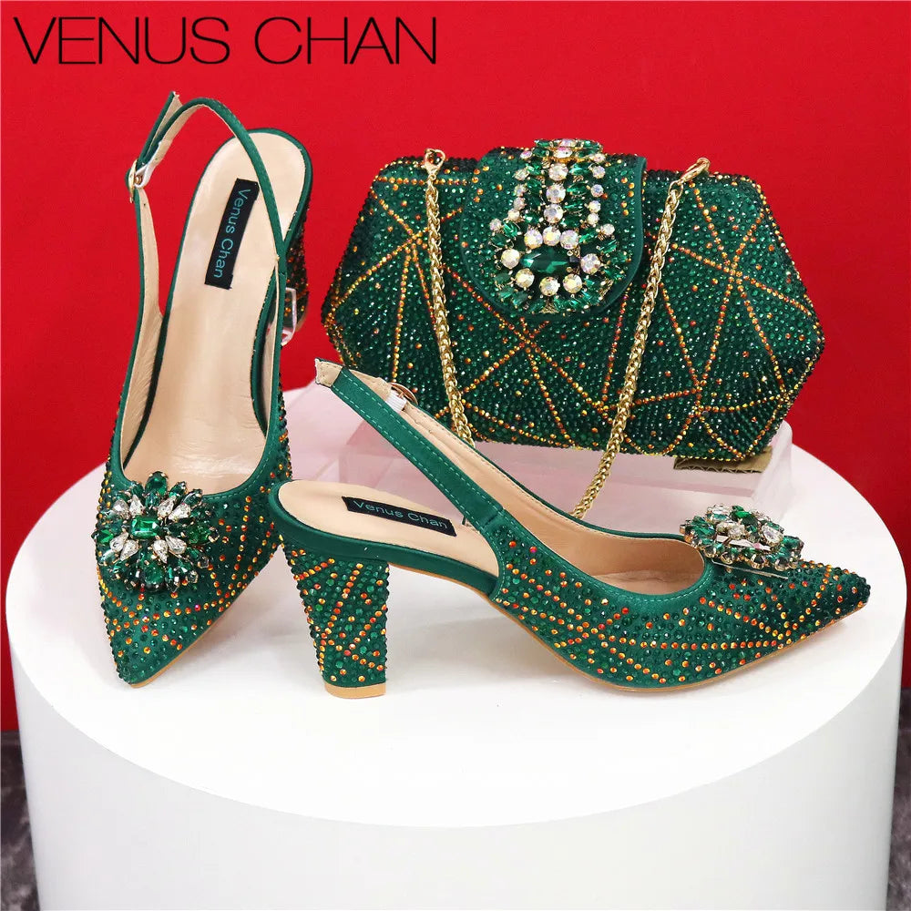 High Quality Designer Shoes and Bags Matching Set Decorate with Rhinestone Women Shoes High Heel Luxury Shoes Women Designer