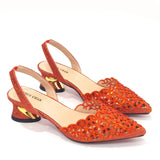 Venus Chan Low Heel Shoes for Women Hollowed Out Embroidery Rhinestone Italian Design Gold Color Pointed-Toe Shoes and Bags Set