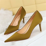 BIGTREE Spring Fashion Simple Matching High Heels Slim Heels Shallow Mouth Pointed Party Stripper Satin Women's Sngle Shoes